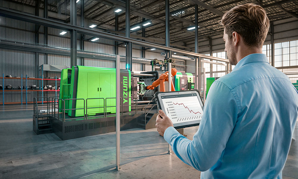 Engenheiro analisa ROI de automação industrial em tablet na fábrica
