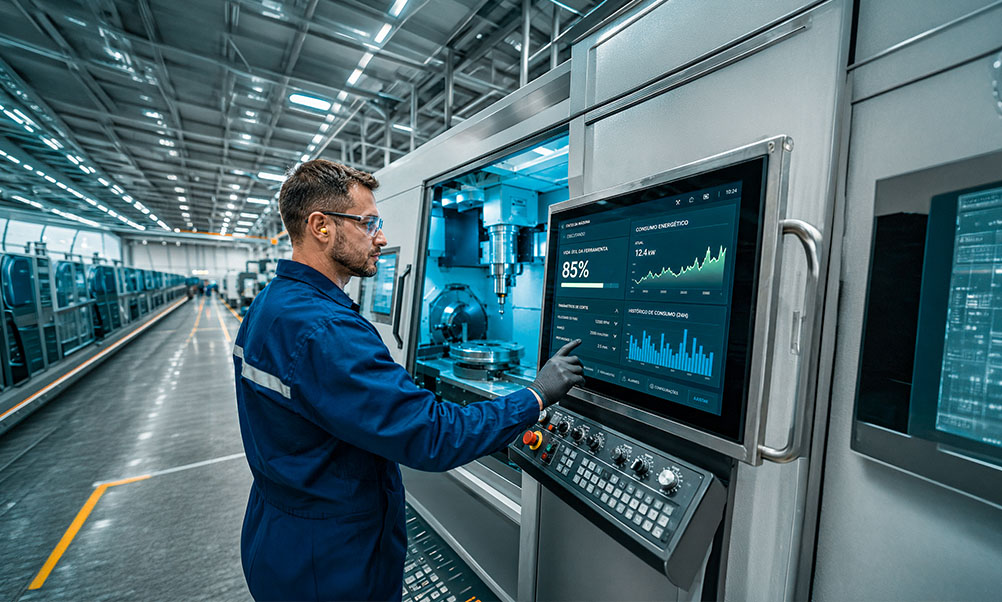 Operador monitorando processo de usinagem CNC em linha de produção industrial da Alltech